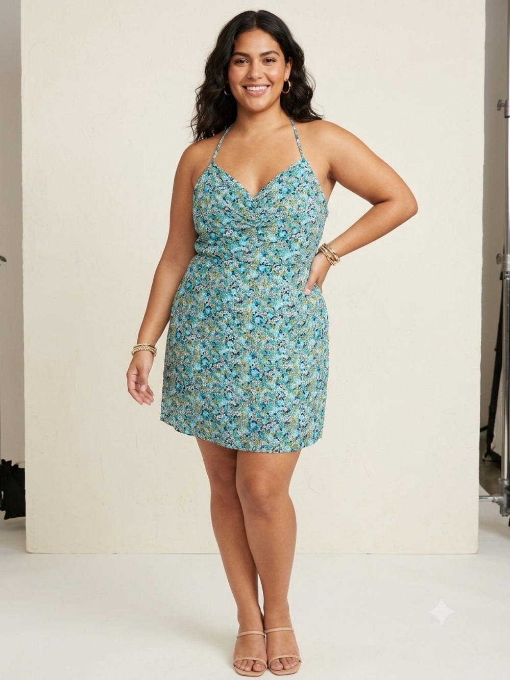 NWT Wild Fable Blue Floral Halter Mini Dress Plus Size 2X Ruched Bust Sundress